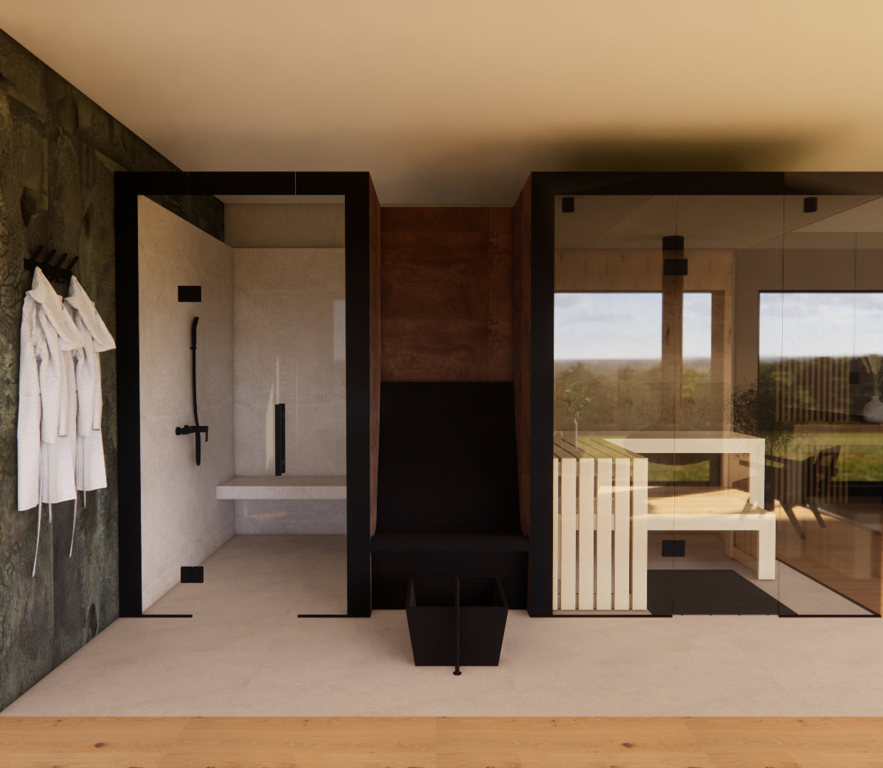 Renderings neue Ausstellung in Rickenbach, Dampfbad, Dampfdusche, Sauna