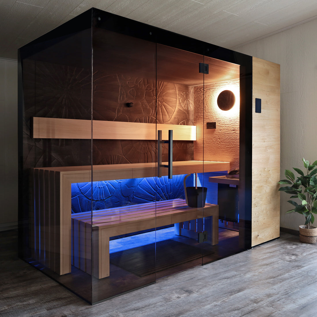 Saunamodell Plata Design mit abgedunkelten Scheiben und Prägeoberfläche Fossil Art