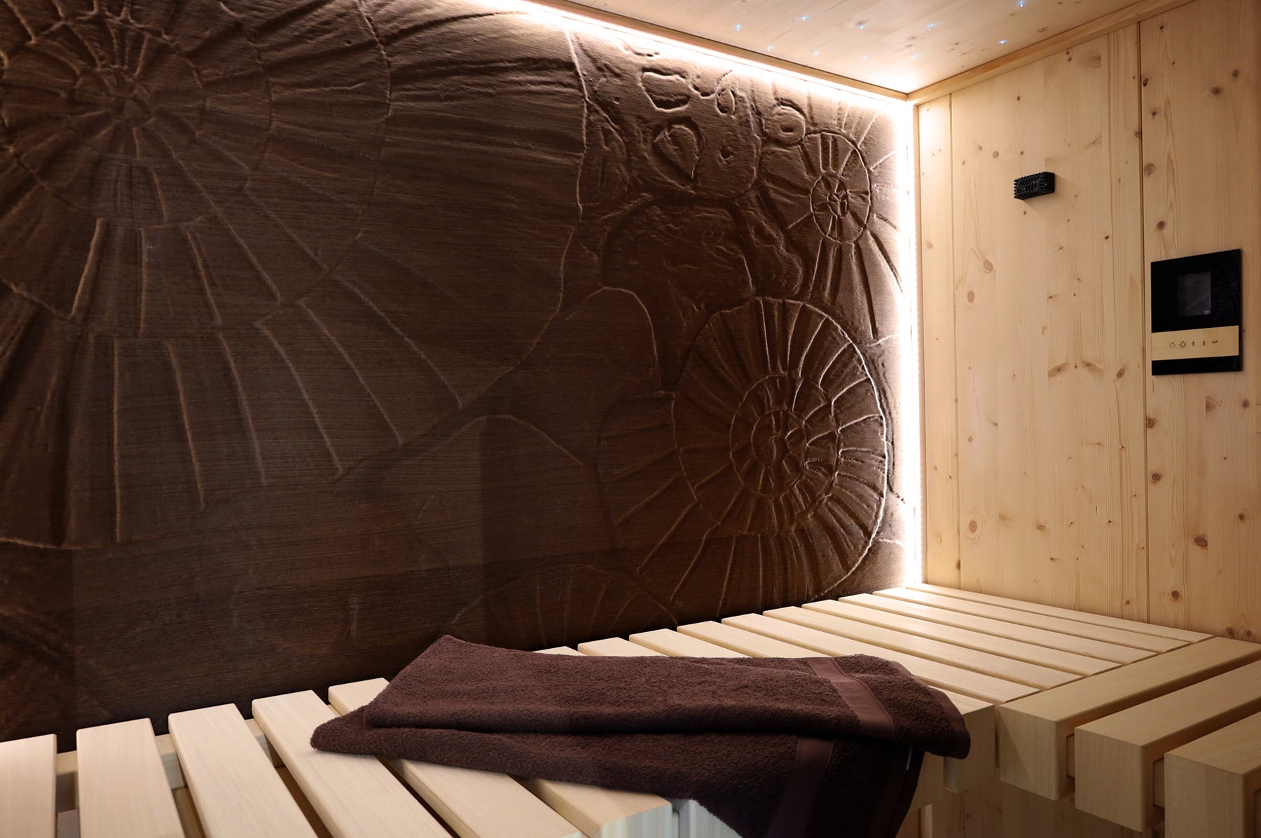 Sauna Sale, Außensauna mit Dekorwand Fossil