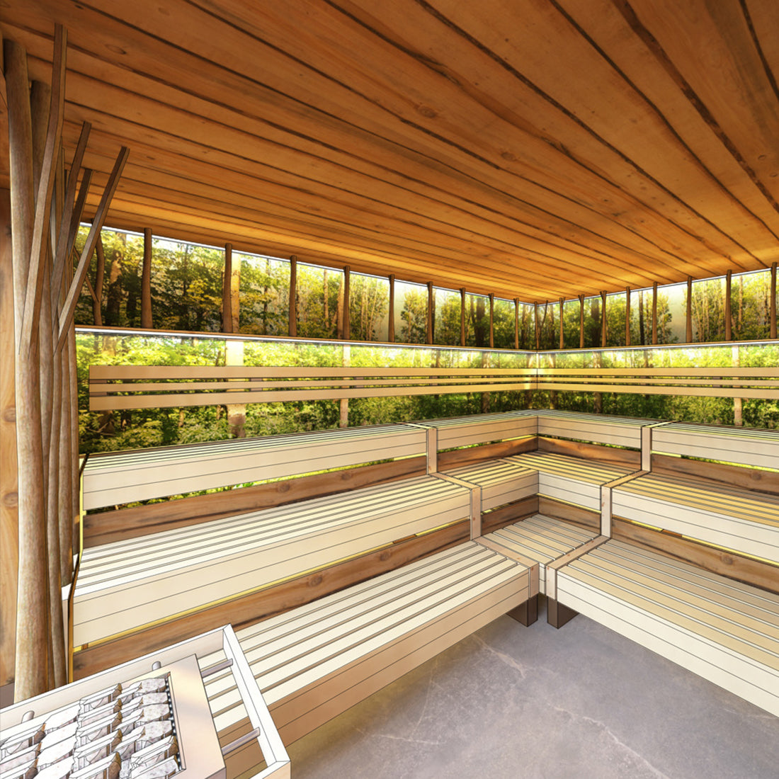 Realistische Darstellung mit dem CAD-Programm, Sauna mit Baumstämmen und Waldmotiv