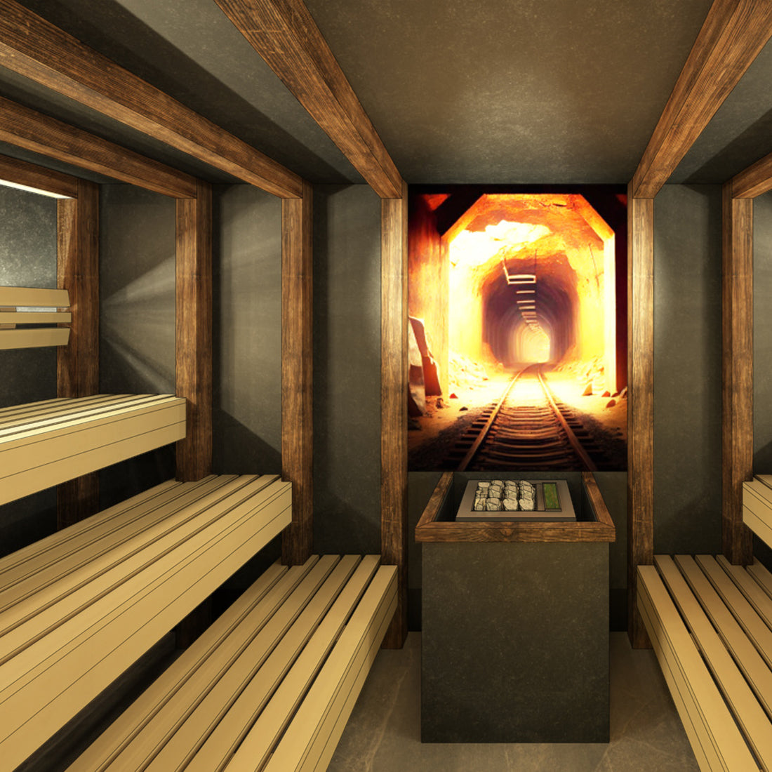 Realistische Darstellung mit dem CAD-Programm, Sauna mit Holzbalken und Bild mit Bergstollenmotiv 